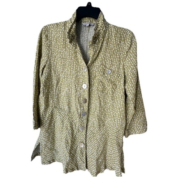 John Mark Full Button Linen Tunic Top Size XS Green Wire Collar Lagenlook Artsy - Picture 1 of 8